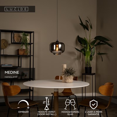 Lucide MEDINE - Hanglamp - Ø 25 cm - 1xE27 - Fumé